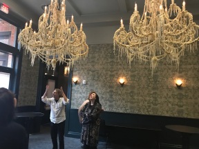The chandeliers in the room where we'll host our opening reception.